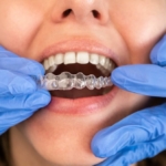 Leczenie bruksizmu - dentysta przymierzający pacjentce szynę relaksacyjną