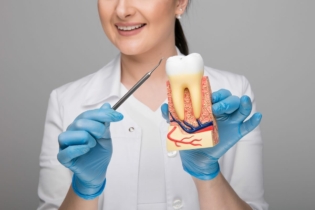 Próchnica międzyzębowa - dentystka prezentująca model zęba