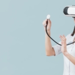 female doctor using stethoscope virtual reality headset with copy space