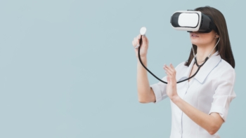 female doctor using stethoscope virtual reality headset with copy space