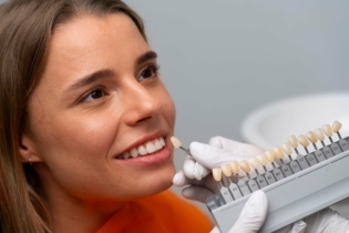 Zmiana kształtu zębów - dentysta przykładający licówkę do zęba pacjenta