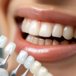 Licówki ceramiczne - dentysta dobierający kolor licówek do barwy zębów pacjentki