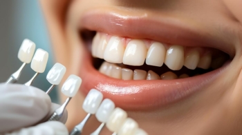 Licówki ceramiczne - dentysta dobierający kolor licówek do barwy zębów pacjentki