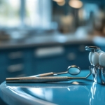 model dentystyczny z narzedziami na niebieskiej powierzchni