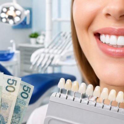 Ile kosztuje wybielanie zębów u dentysty - grafika przedstawiająca uśmiech oraz pieniądze